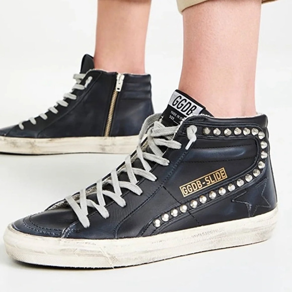 Golden Goose Shoes - GOLDEN GOOSE Black Leather Studded Slide High Top Distressed Sneakers Sz 8 US